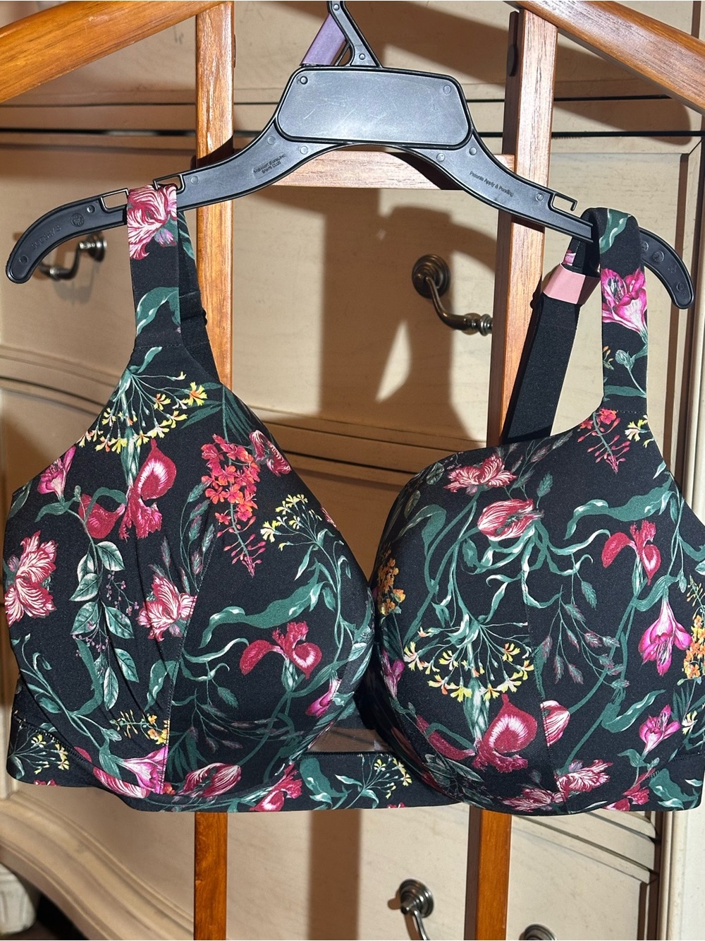 Cacique Black Bra with Pink & Green Floral Print